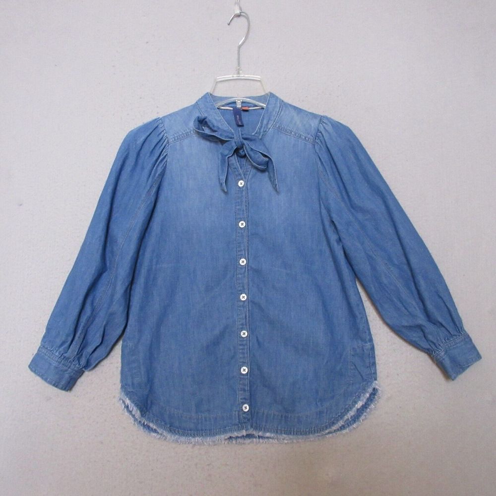 Pilcro Anthropologie Top XXS‎ Tie Front Neck Denim Button Fray Hem NWT